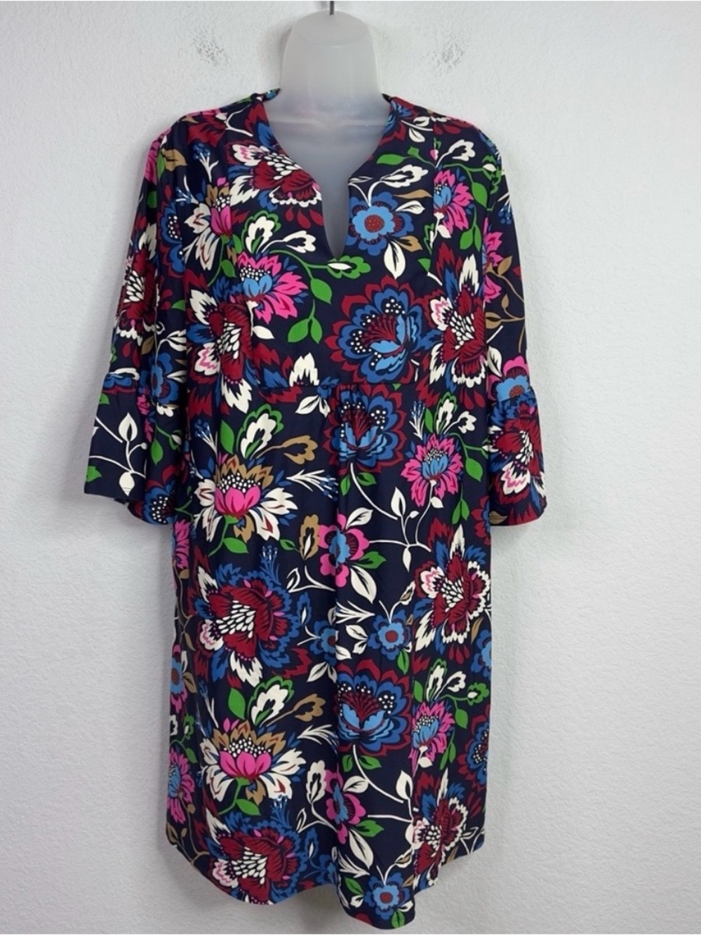 Jude Connally Dress Womens XL Blue Floral Tropical Bell Sleeve Coastal Vacation